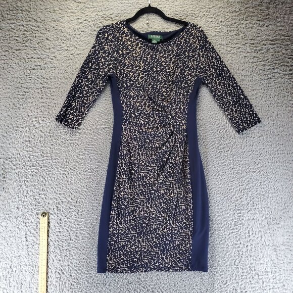 Lauren Ralph Lauren Dress Womens 4 Blue Sheath Animal Print Side Panels Stretch - Picture 1 of 9
